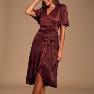 Lulu's Wrapped Up In Love Burgundy Satin Faux-Wrap Midi Dress